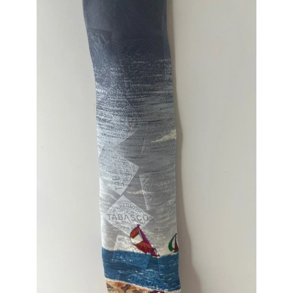 Tabasco Mens Silk Tie Beach Scene Sailboat Novelty Necktie Blue Grey Made in USA